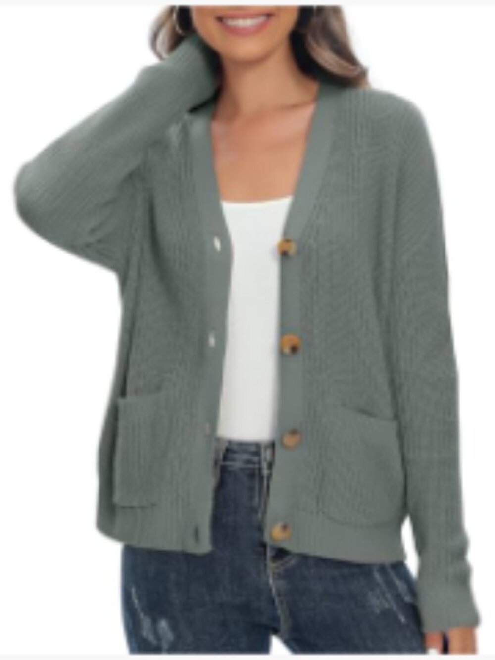 Lightweight Knit Open Front V-Neck Long Sleeve Button Down Cardigan with Pockets - Picture 2 of 6